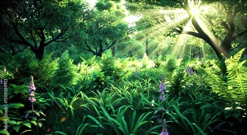 Sunlit Serenity: A tranquil forest scene where sunlight streams through lush green foliage, creating a picturesque landscape of peace and natural beauty.