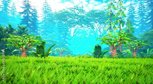 Idyllic Meadow: A vibrant expanse of green grass and lush foliage in a picturesque landscape, offering a serene escape to the heart of nature, with a backdrop of towering trees and a clear blue sky.