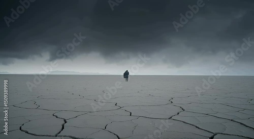 Loneliness in Barren Lands: A solitary figure stands amidst an expansive, cracked earth landscape under a brooding, dramatic sky, conveying feelings of isolation, resilience.