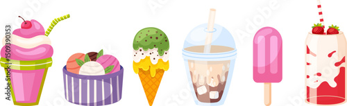 Sweet milk desserts and drinks cartoon vector illustration set
