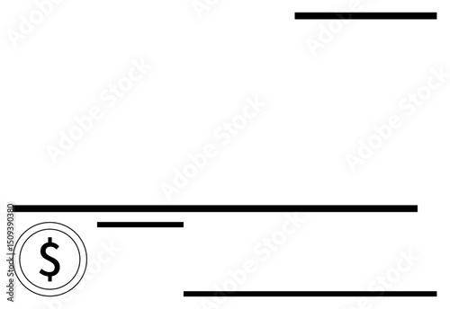 Simplistic bank check layout featuring horizontal lines and a bold dollar sign in a circle. Ideal for finance, payment, banking, corporate accounting, investment, saving, budgeting, flat simple