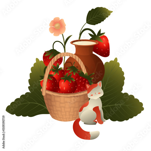 Basket of strawberries, clay jug of milk and cute kitten on the background of strawberry bush. Vector illustration isolated on white background.