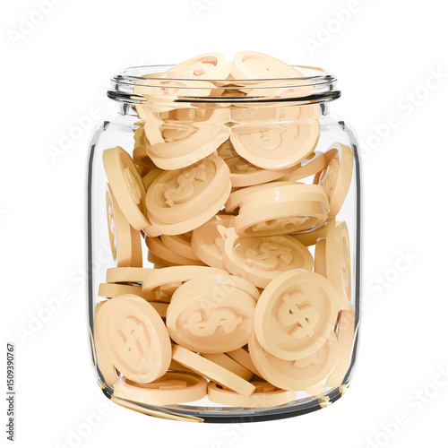 A transparent glass jar filled with coins. spare change concept, Savings, budgeting, financial growth, or collecting. 3d rendering