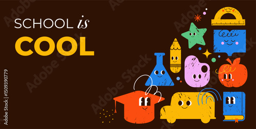 School is Cool poster with funny hand drawn cartoon characters 