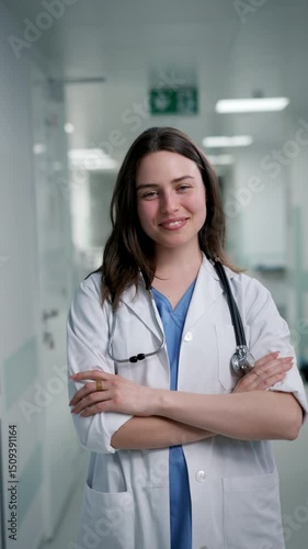 Smiling young female doctor in hospital.