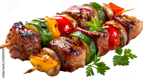 A skewer of food with vegetables and meat
