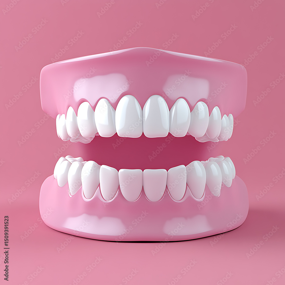 Obraz premium Artificial dental prosthesis displayed on a pastel pink backdrop, illustrating oral health concepts. Showcases a full set of teeth on a dental model with focus on alignment and aesthetics.