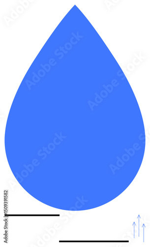 Graphic of a large blue droplet with clean black horizontal lines and upward blue arrows. Ideal for nature, water, environment, purity, fluidity, minimalism, simple landing page
