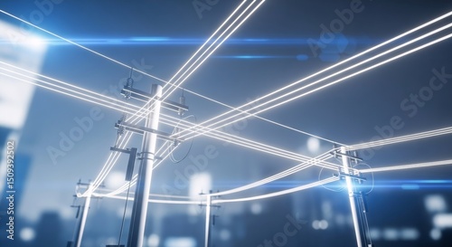 Power line poles with glowing electric cables and blur city background. Modern energy supply in urban area concept for infrastructure