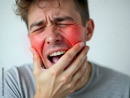 Man holding cheek in pain with red-colored area on face to emphasize heartburn pain, indigestion heartburn reflux relief