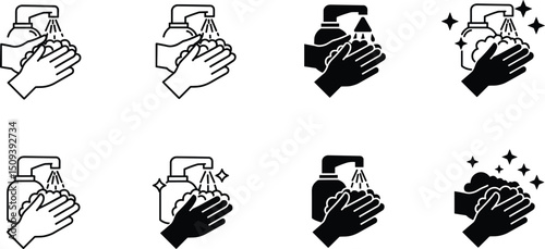 Hand washing icons set, Black vector and line icon, vector illustration