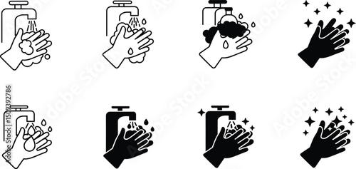 Hand washing icons set, Black vector and line icon, vector illustration