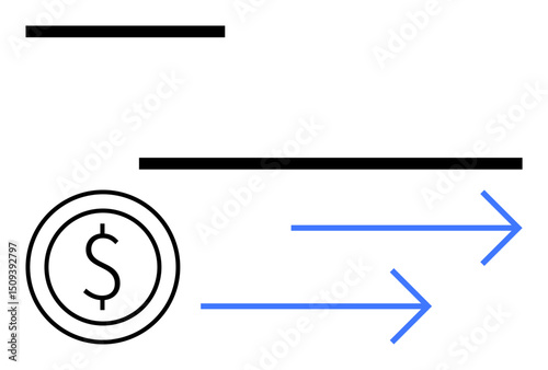 Dollar coin alongside two blue arrows symbolizing transfer, movement, or exchange. Black lines add structure. Ideal for finance, money transfer, payment system, online banking, fintech transactions