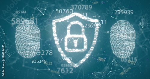 Image of multiple numbers over security padlock and fingerprint scanner
