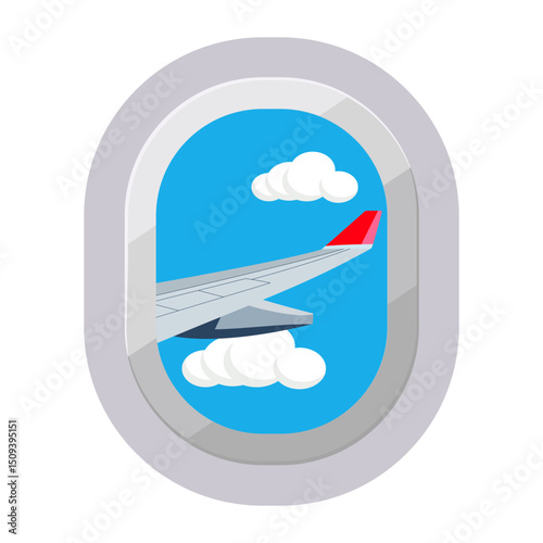 This illustration depicts a view from an airplane window, showcasing a wing against a bright blue sky adorned with fluffy white clouds.