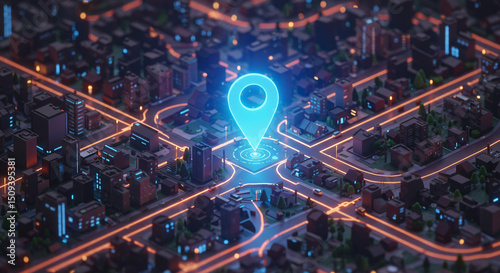 Aerial view of a futuristic city with glowing roads and a blue location pin in the center of the image