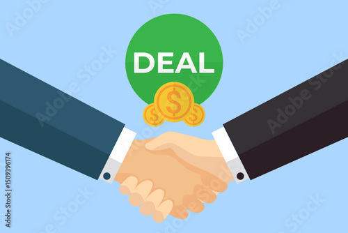Handshake business deal flat illustration with coins element and deal text. Vector illustration for business, finance, presentation, partnership, and infographics.