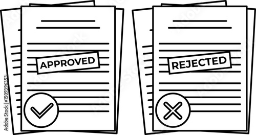 Approved and rejected documents outline icon with check and cross mark symbols. Business icon for web, documents, infographics, corporate, presentation, and finance.