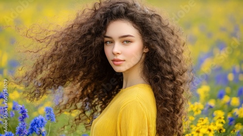 Young woman with curly hair in a field of flowers
