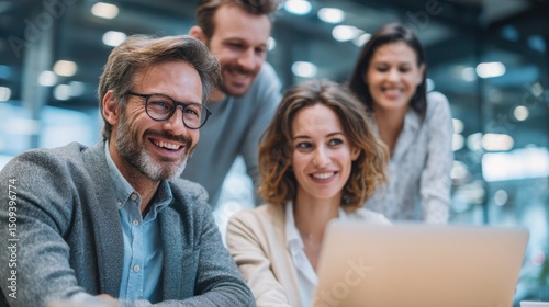 Group of diverse professionals engaging in a collaborative discussion at a sleek office. They appear focused and motivated while working on a laptop, sharing ideas