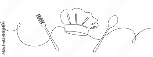 Fork, knife, spoon with plate and chef's cap in one solid line. Single line editable cutlery template for business cards, banners. Symbol of cafe, restaurant. Vector illustration
