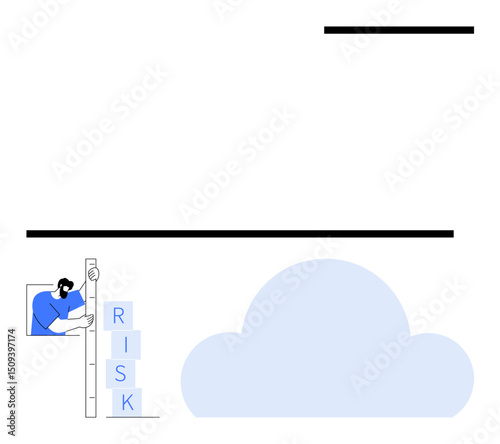 Businessman balancing risk blocks near a cloud structure, representing security, strategy, and decision-making. Ideal for risk analysis, cloud solutions, teamwork, innovation, leadership business