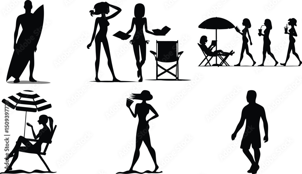 Fototapeta premium Beach Vacation Silhouettes - Summer Fun, Surfing, and Relaxation Vector Set