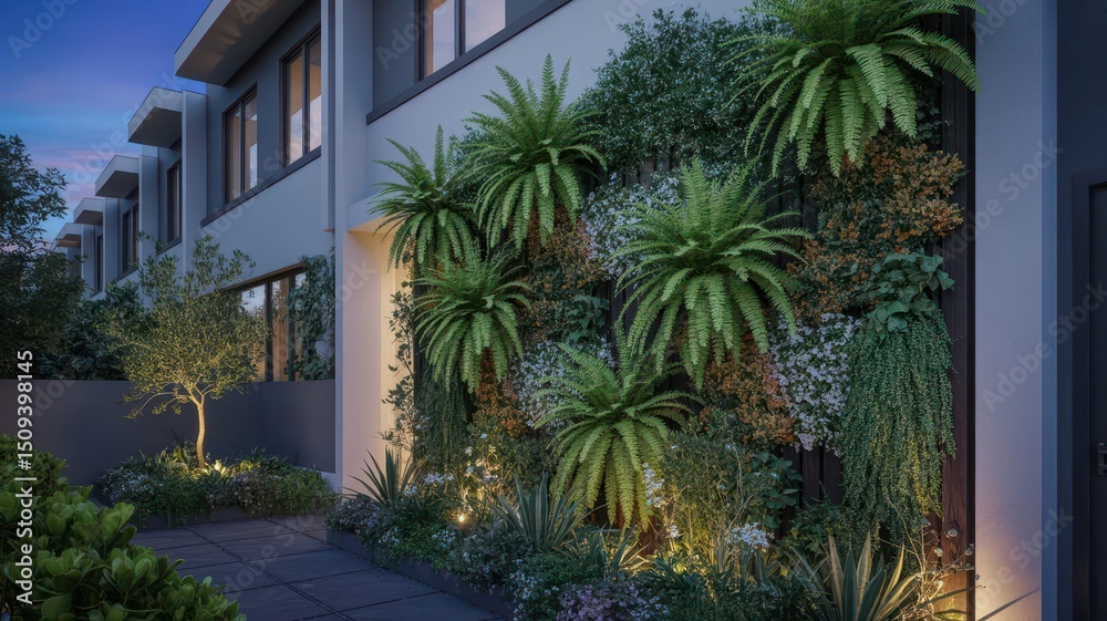 Fototapeta premium Stunning Modern Architecture with Lush Vertical Garden at Dusk