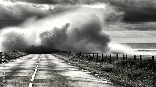 Powerful waves crashing on a coastal road.