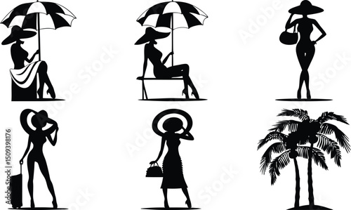 Elegant Summer Vacation Silhouettes - Women with Umbrellas and Travel Accessories