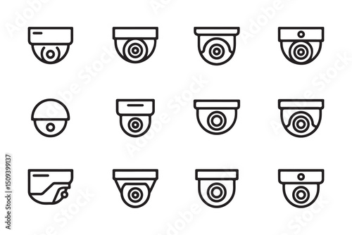 black and white CCTV camera icons set