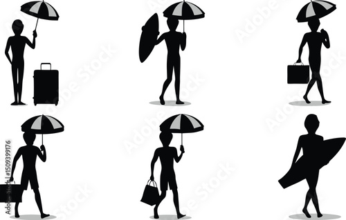 Vector Silhouettes of Travelers, Business People, and Leisure Activities with Umbrellas
