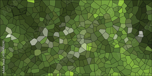 Abstract mosaic green surface displaying stained glass texture with various tones and shades suggesting nature