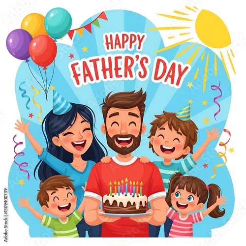 Father's day. Father, mother, sons and daughter. Handsome young man with beard holding cake with candles surrounded by family, hug, have fun, celebrate. Dad, mom and children laugh