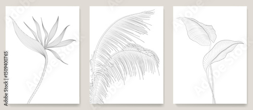 Wallpaper Mural Botanical art set with black and white tropical leaves and flowers hand drawn in line style. Vector set with exotic plants for banner, background, print, poster, wallpaper, interior. Torontodigital.ca
