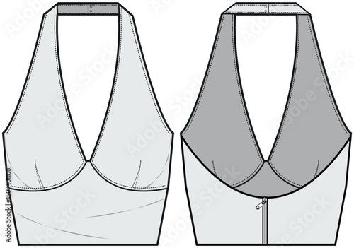 Halter Neck Crop Top Front and Back View. Fashion Illustration, Vector, CAD, Technical Drawing, Flat Drawing, Template, Mockup.