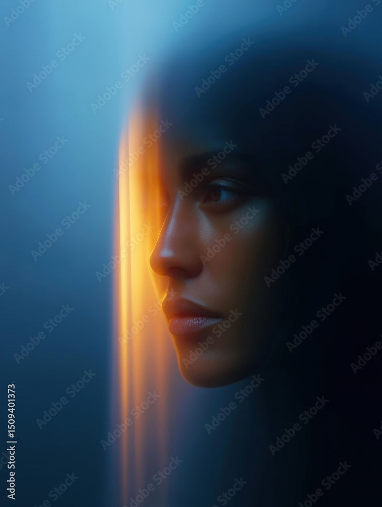 Close-up portrait of a woman's face. the woman's head is turned slightly to the side, with her eyes looking off into the distance. Close-up portrait of a woman's face. the woman's head is turned slightly to the side, with her eyes looking off into the distance.