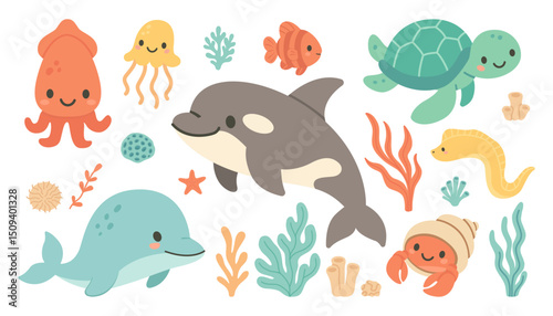 Vector illustration of cute sea animals including octopus, jellyfish, fish, turtle, orca, eel, crab in shell, dolphin, coral, and seaweed. Ideal for kids, marine, and underwater themes
