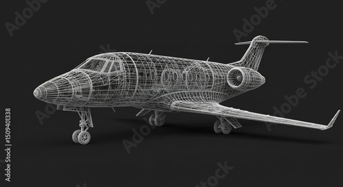 Wireframe rendering of a private jet airplane on a dark background showcasing its design and structure