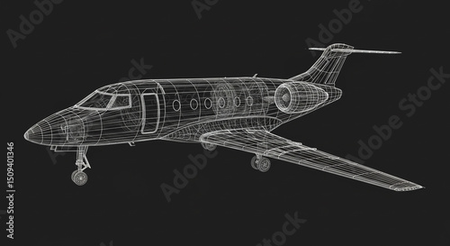A wireframe rendering of a private jet airplane against a dark gray background in high resolution
