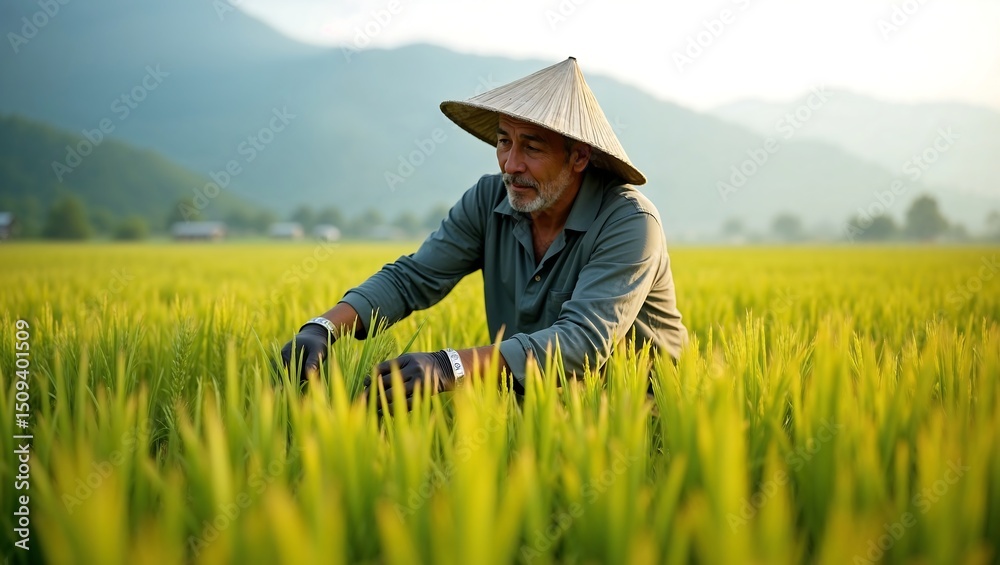 middle aged male farmer is harvesting rice in a vast green paddy field with a misty mountain background, middle aged male farmer is harvesting rice in a vast green paddy field with a misty mountain background,