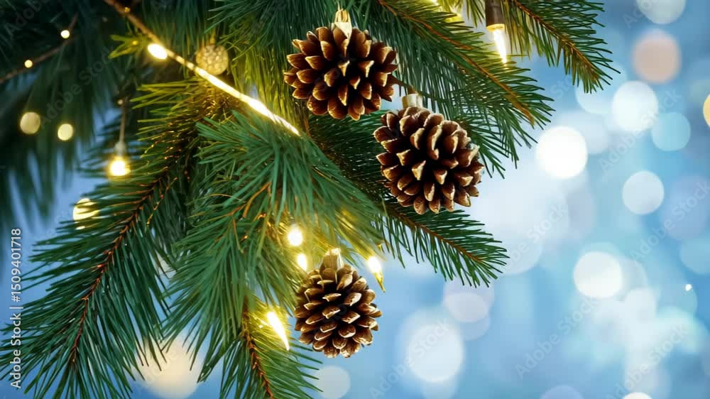 Festive Pine Cones Ornament: Three pine cones adorn a pine tree branch, highlighted by shimmering lights and soft bokeh, conveying the warmth of the holiday season.