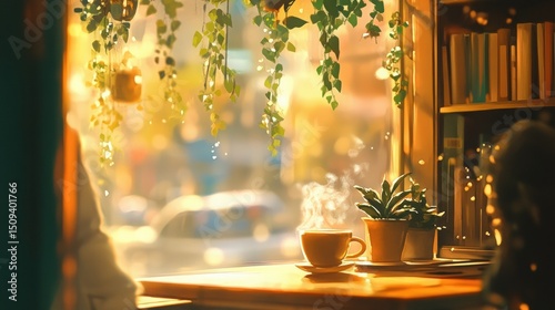 Cozy coffee shop interior with warm sunlight streaming through window, showcasing a wooden table, steaming cup, and lush green plants creating a serene atmosphere for relaxation