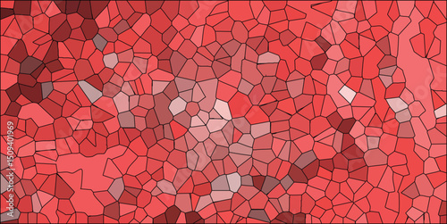 Abstract stained glass mosaic artwork displaying a variety of red tones and geometric cell-like shapes offering a unique background for creative projects