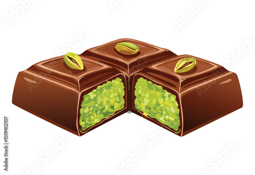 Luxurious chocolate bar filled with kunafa and pistachio paste - vector illustration