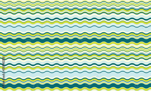 Vibrant wavy stripes in calming greens and blues create a cheerful, seamless pattern.