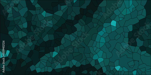 Abstract teal stained glass mosaic design with irregular geometric shapes and dark outlines