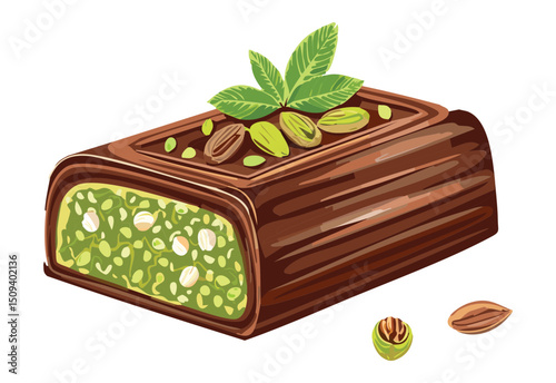 chocolate bar with pistachio kunafa filling - vector illustration