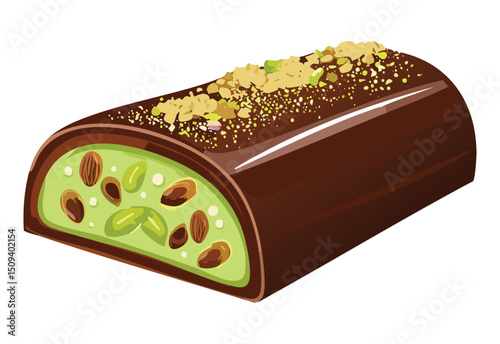 Chocolate log dessert with kunafa pistachio topping - vector illustration