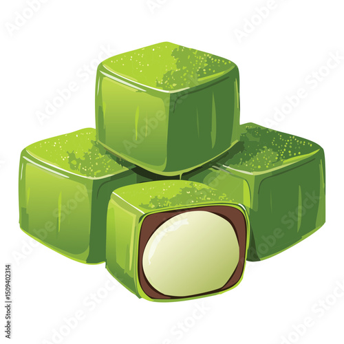 Matcha chocolate dessert cubes with mochi vanilla filling - vector illustration